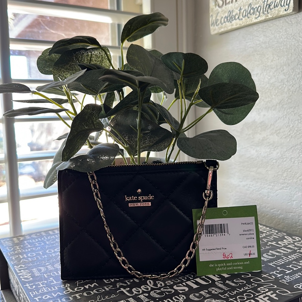 NWT Kate spade black Emerson Place pouch with gold chain detail